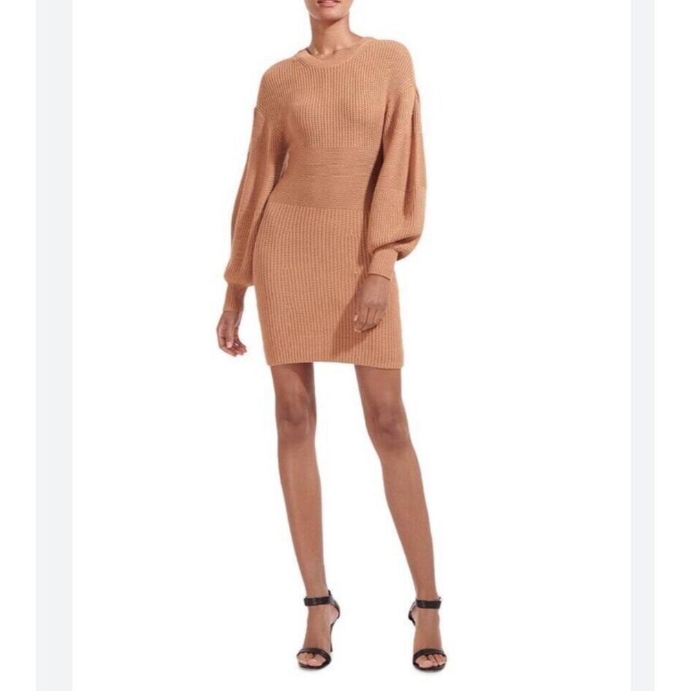 STAUD MARYLEBONE Sweater DRESS Size XL Camel Ribbed Knit Mini Balloon Sleeve NWT